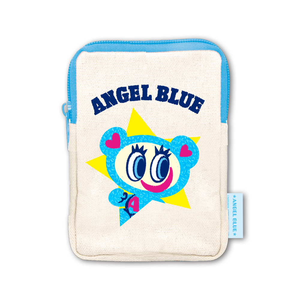 エンジェルブルーのナカムラくんが刺繍された青いポーチ