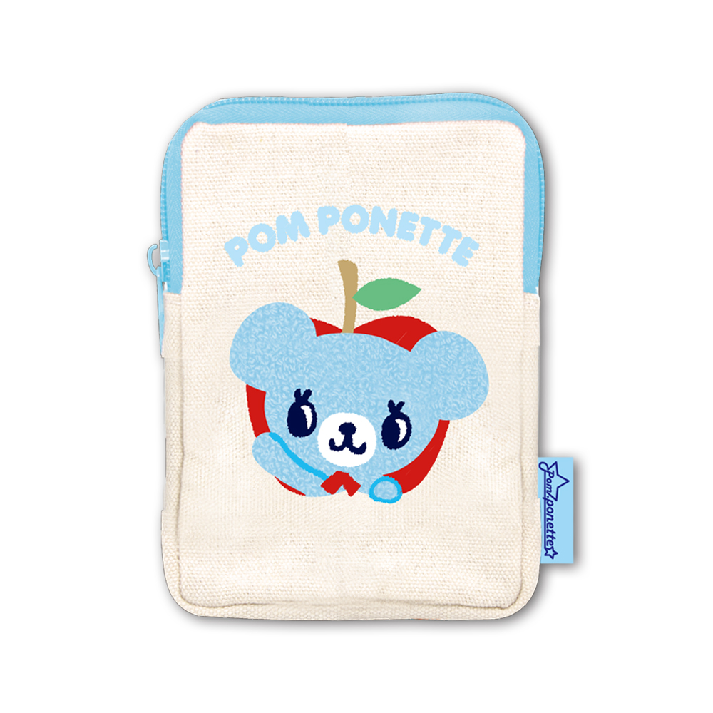 ポンポネットのミントくんが刺繍された水色のポーチ